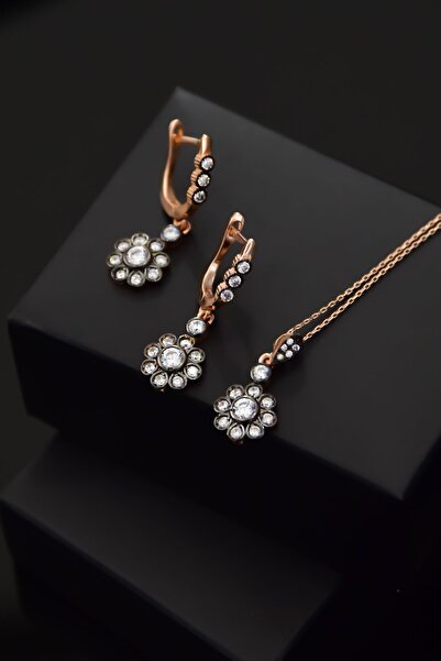 Papatya Silver 925 Ayar Gümüş Rose Kaplama Tasarım Elmas Montür Çiçek Set