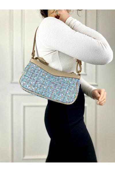 modvina Geantă de damă Blue Premium Tweed Baguette – Design elegant și elegant