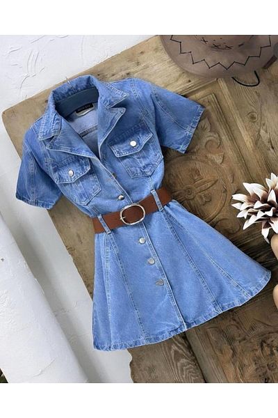 Pasaklı Giyim Rochie de damă, albastră, extra mini, cu centură, evazată, pentru blugi de vară pentru tineret Kt- 0090500