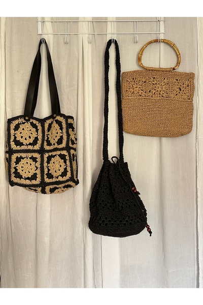 CraftNest El Yapımı Tığ Işi Siyah Örgü Çanta , Eski Motif Tasarım Astarlı Günlük Yazlık Şık Ve Kullanışlı