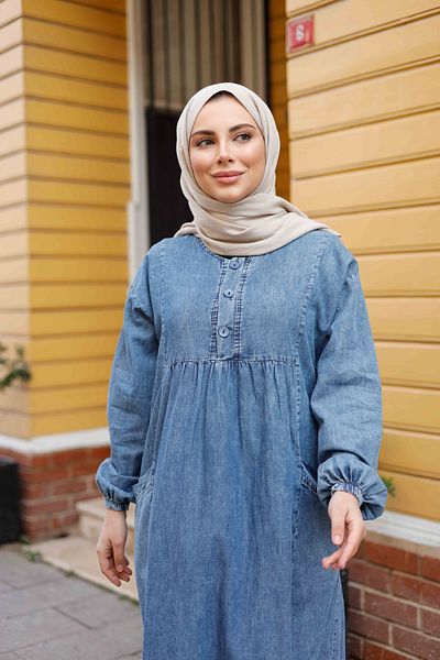 Pamuk Butik Women's Long Denim Dress with Pockets and Robe