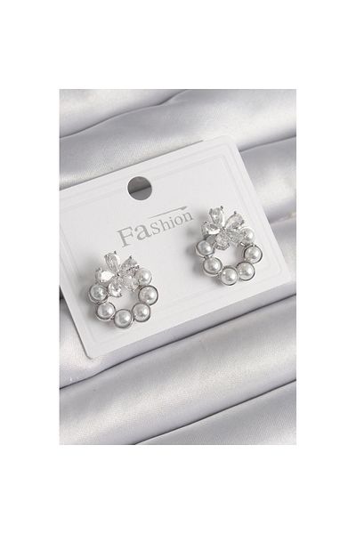 Skygo Silver Color Bible Ring Zircon Stone Flower Detailed Women's Earrings