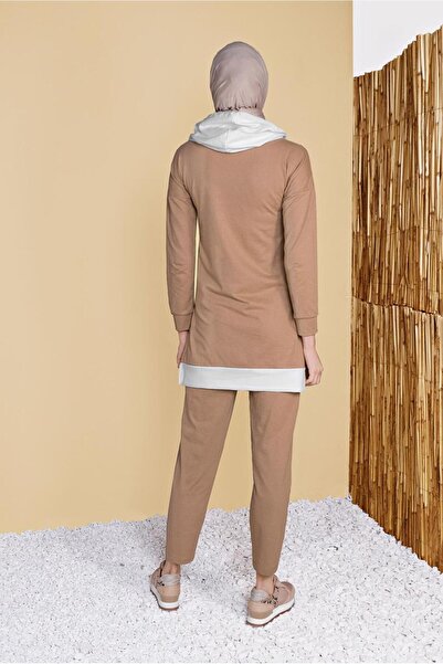 TRENDTESETTÜR Coffee Women's Tracksuit Set - Hoodie and Piece Detail, 2-Piece Pants 0555