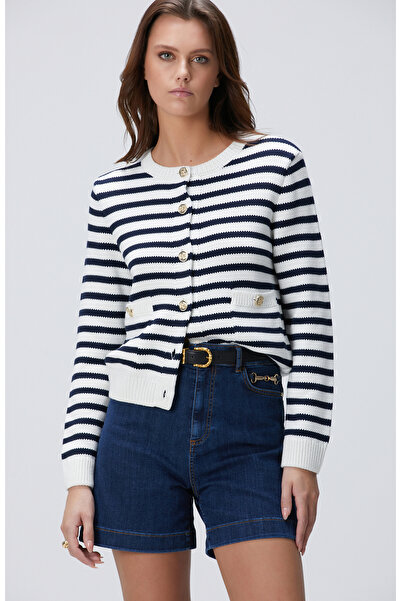 Network Lacivert Beyaz Çizgili Triko Ceket