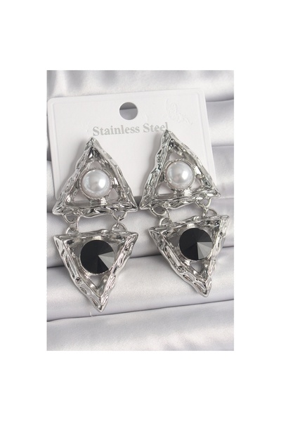 Skygo أقراط نسائية بنمط مثلث متدلي من اللؤلؤ باللون الفضي - TJ-BKP10089