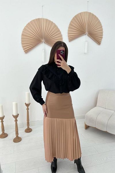 modaserdem Mink Bottom Pleated Leather Garnished Skirt