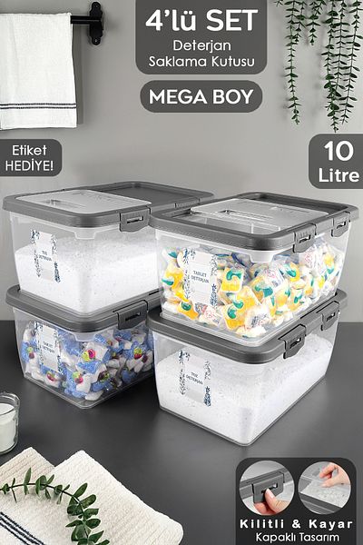Meleni Home 4 Pieces Labeled Detergent Storage Box - Sliding Lid with Lock Tablet Powder Detergent Container 10 Lt Gray
