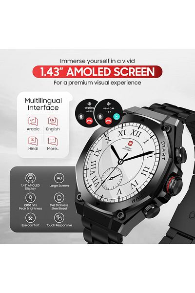 Swiss Military DOM6 Smartwatch 1.43” AMOLED,BT Calling,Health & Sports,IP67,7 Days,iOS/Android Compatible Gun Metal