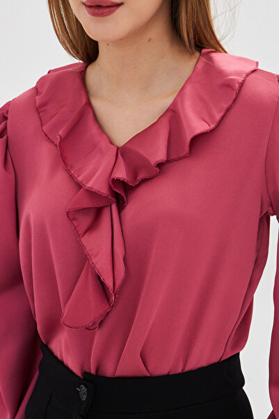 armonika Γυναικεία μπλούζα σε σκούρο ροζ γιακά με βολάν με σατέν μανίκια