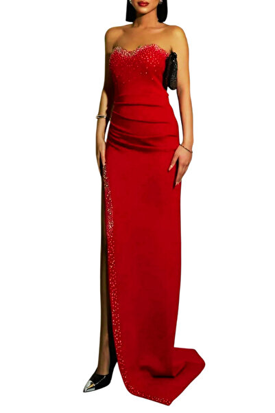 Arden فستان سهرة طويل، بدون حمالات، فتحة طويلة مرصعة بالأحجار، أحمر، فوشيا، زمردي، العودة للوطن، فستان حفلات الزفاف، 36-40
