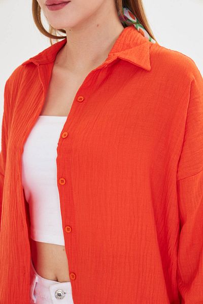 armonika Orangefarbenes Oversize-Hemd in strukturierter Leinenoptik mit breiten Manschetten für Damen ARM-24K001001