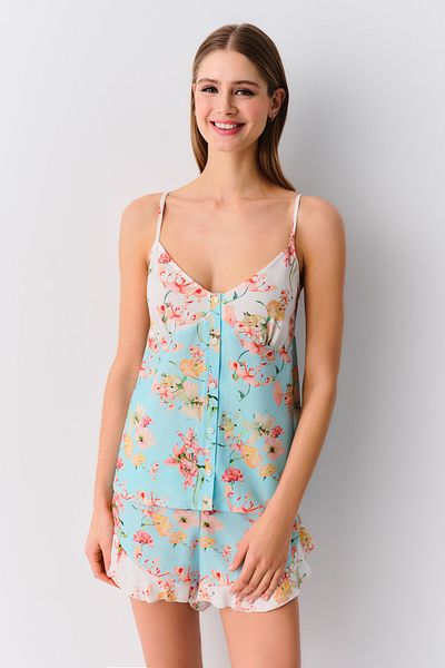 SUWEN Set pijama cu pantaloni scurți cu flori