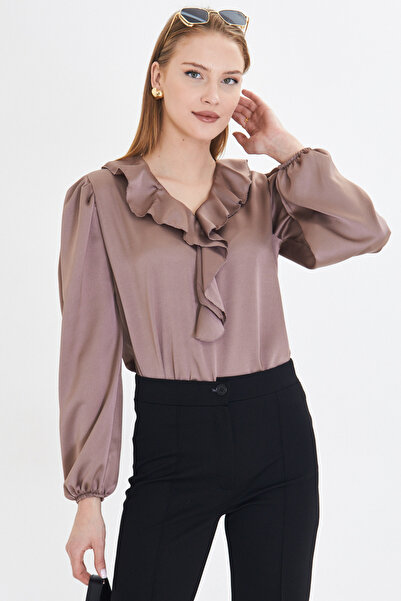 armonika Γυναικείο γιακά βιζόν με Frilled Shoulder Συγκεντρωμένο μανίκι ελαστικό βαμβακερό σατέν μπλούζα ARM-22K001059