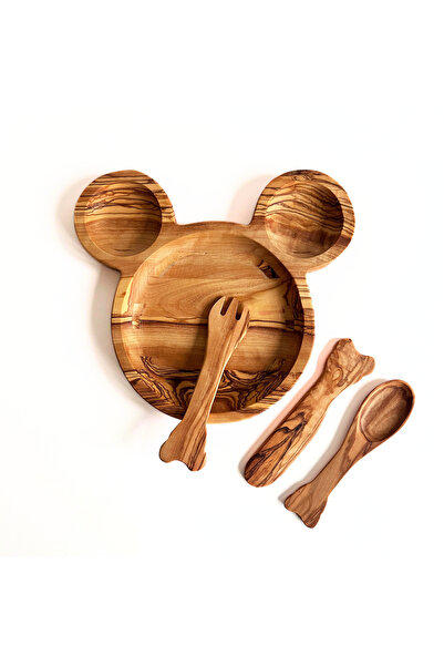 egedeneve مجموعة طعام خشبية من شجرة الزيتون مكونة من 4 قطع مع فأر ميكي - مجمو...