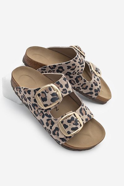 Marjin Damen-Hausschuhe mit Leopardenmuster in Polybeige – echtes Leder, doppelt gestreift, Eva-Sohle