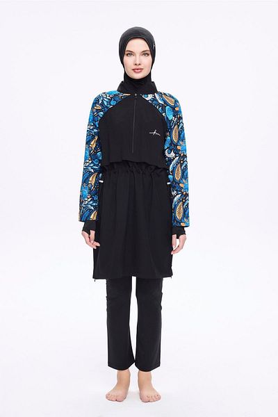 Haşema Sleeves Floral Patterned Black 5 Piece Full Hijab Swimsuit Set 5015