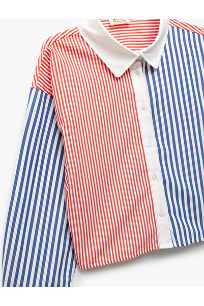 Koton Uzun Kollu Renk Bloklu Pamuklu Çizgili Crop Gömlek