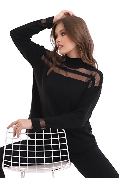 Irmak Kerekli Pulover de tricotaj transparent cu dungi negre - Bluză de damă 1107