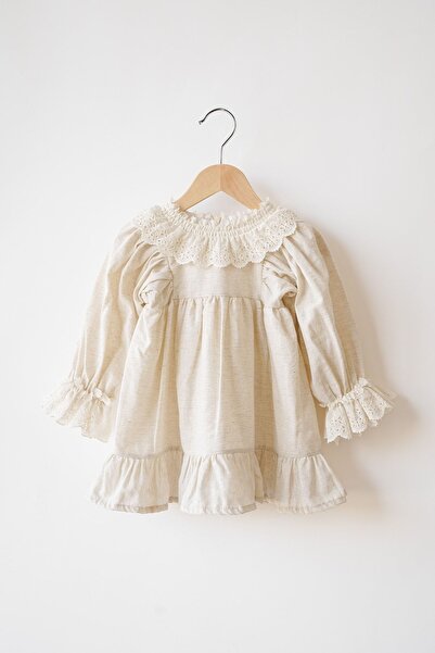 Banamio Sarah Kız Çocuk Fisto Yakalı Ve Manşetli Balon Kollu Flamlı Keten Elbise (bej)