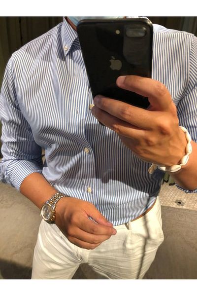 King Brothers Pánská modrá proužkovaná košile Full Fit s dlouhým rukávem