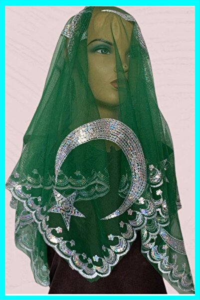 Halay Kına Srebrni veo sa šljokicama u obliku polumeseca i zvezde, zeleni hen...