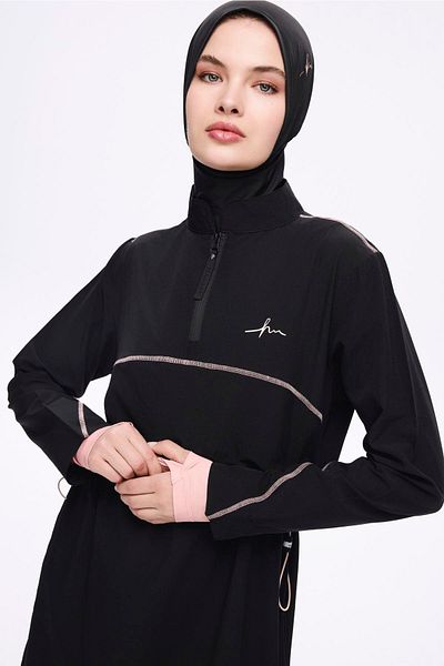 Haşema Esila Pink Piping Black 5 Piece Full Hijab Swimsuit Set 2934
