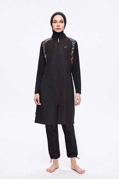 Nehar Shoulder Area Patterned Black 3 Piece Woven Full Hijab Swimsuit Set 2274