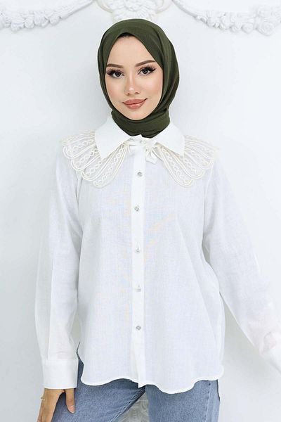 giyze Lace Detailed Baby Collared Shirt Ecru