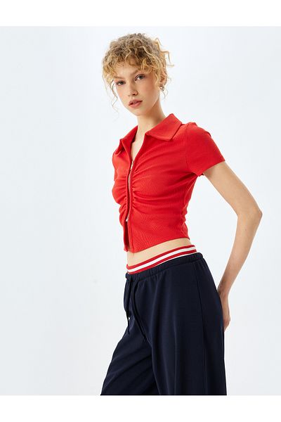 Koton Zipper Detailed Slim Fit Draped Short Sleeve Crop T-Shirt
