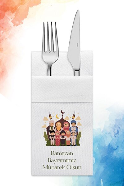 nna tasarım 12 Adet Ramazan Bayramı Aile Temalı Airlaid Kumaş Dokulu Cepli Pe...