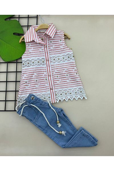 ÖRZİKİDS Summer Embroidered Blouse Jeans Trousers Suit with Bag 2-5 Years