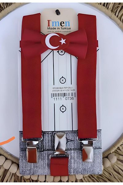 NEKİBUKİ Nekibuki Turkish Flag (Ay Yildiz) Printed Bow Tie Suspender Set