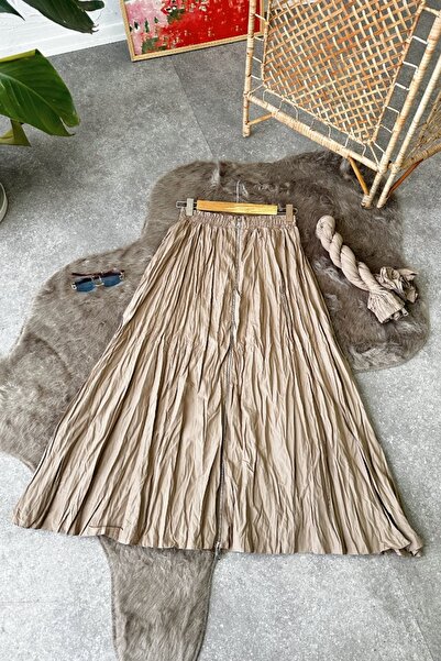 Giyimsel Bej Önü Fermuar Detaylı Beli Lastikli Kadın Etek