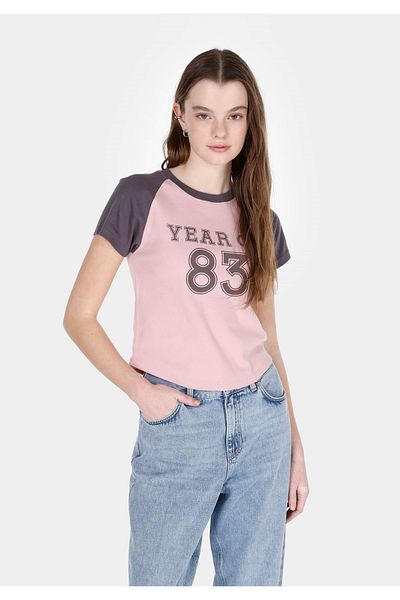 Colin's Slim Fit Round Neck Printed Women's Pink Short Sleeve T-Shirt