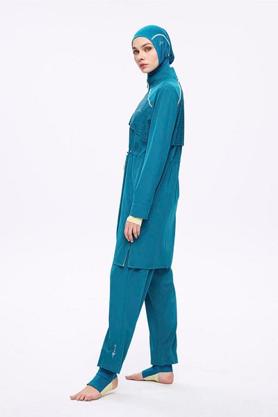 Haşema Performance Series Green Foot Tape Detailed Green Flexible Woven 6 Piece Full Hijab Swimsuit Set