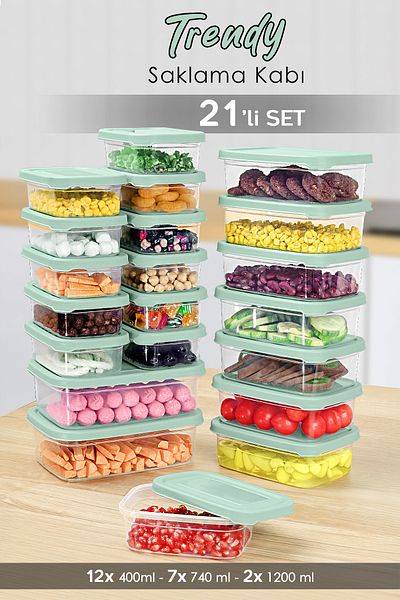 Meleni Home Set of 21 Rectangular Food Storage Containers - Microwave Suitable Organizer Organizer Food Container Green
