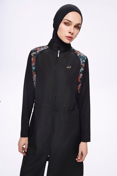 Nehar Shoulder Area Patterned Black 3 Piece Woven Full Hijab Swimsuit Set 2274