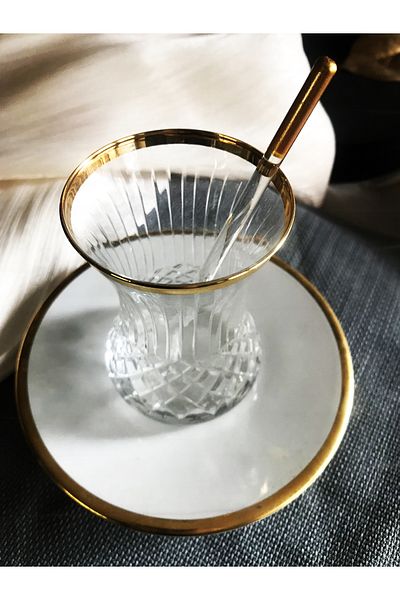 DECOSTYLE Pasabahce Gold Square Patterned Glass Plate 12 Piece Tea Set
