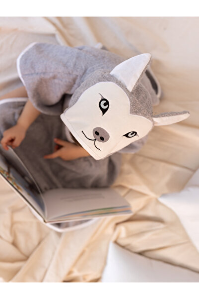 zenginhome Poncho Children's Bathrobe Beach Towel 3-8 Years Old 100% Cotton Inner and Outer Surface Wolf