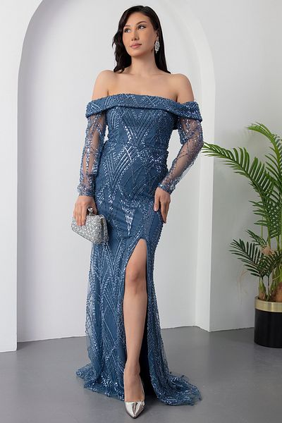 PULLIMM Sweetheart Neckline Long Sleeve Beaded Tulle Dress Ecr5497