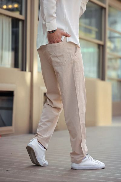 COMBİNE MİCHAİL Pantaloni relaxați pentru bărbați de culoare bej, amestec de in de vară