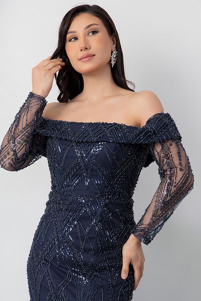 PULLIMM Sweetheart Neckline Long Sleeve Beaded Tulle Dress Ecr5497