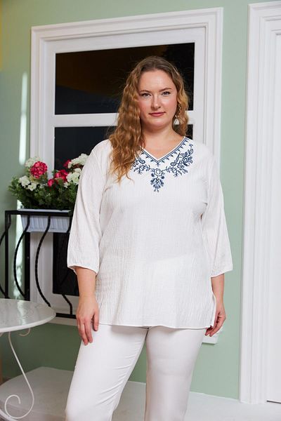 RMG Large Size Collar Embroidery Blouse - Stone Detaylı Raped Ecru