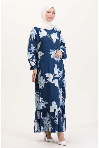 sefamerve Rochie din viscoză cu model cu mâneci elastice 0016-03 Petrol