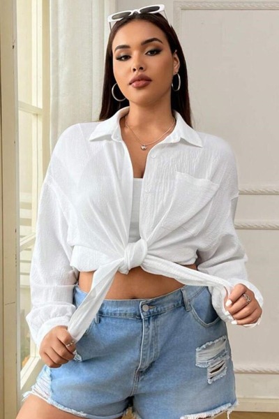 Trendseninle Women's White Single Pocket Wrap Oversize Shirt