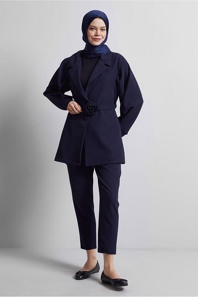 TRENDTESETTÜR Women's Navy Blue Belted Trousers Suit t 5816