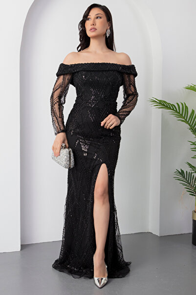 PULLIMM Kalp Yaka Uzun Kol Boncuklu Tül Elbise ECR5497