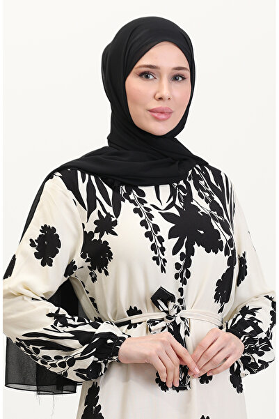 sefamerve Φόρεμα βισκόζης με μοτίβο ζώνης - Κρεμ μαύρο (0018-05)