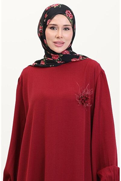 sefamerve Dress 0017-05 Burgundy Brooch Detailed