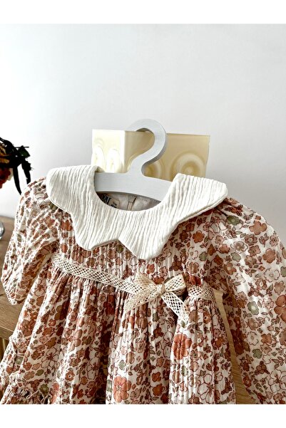 Baby Berry Baby store Kız Bebek Çiçek Desenli Fırfırlı Uzun Kol Müslin Elbise